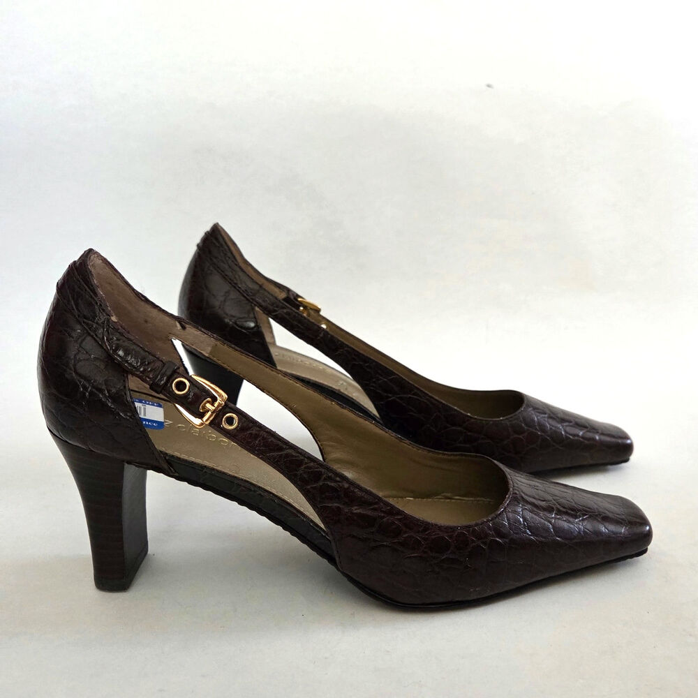 Liz Claiborne Evanna Croc Embossed Brown Leather Square Toe Pump Heels Sz 8